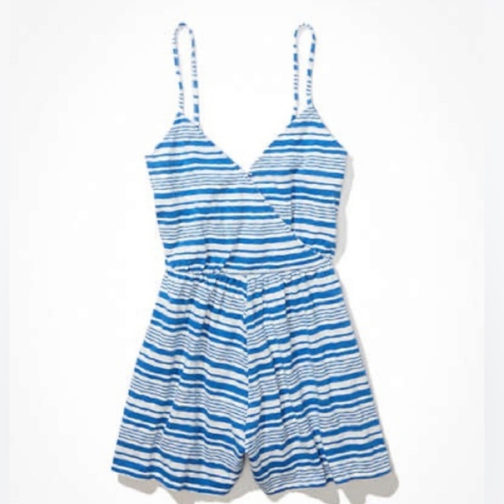 American Eagle Blue Striped Romper XL Tall